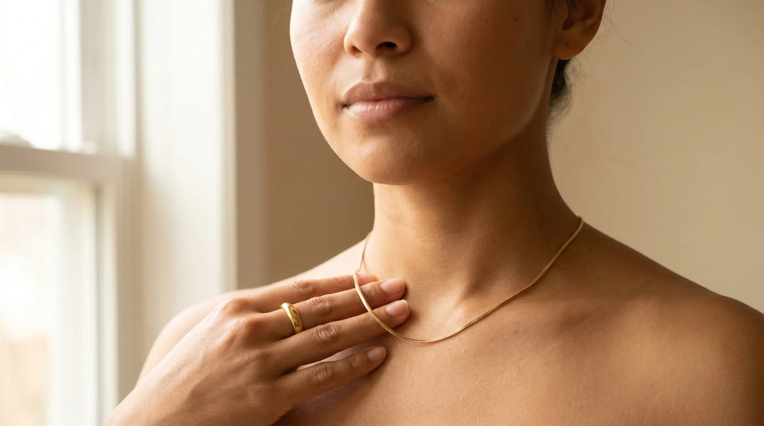 Jewellery for sensitive skin — Soleil Snake Chain Pendant on medium skin tone from Aurum & Isle