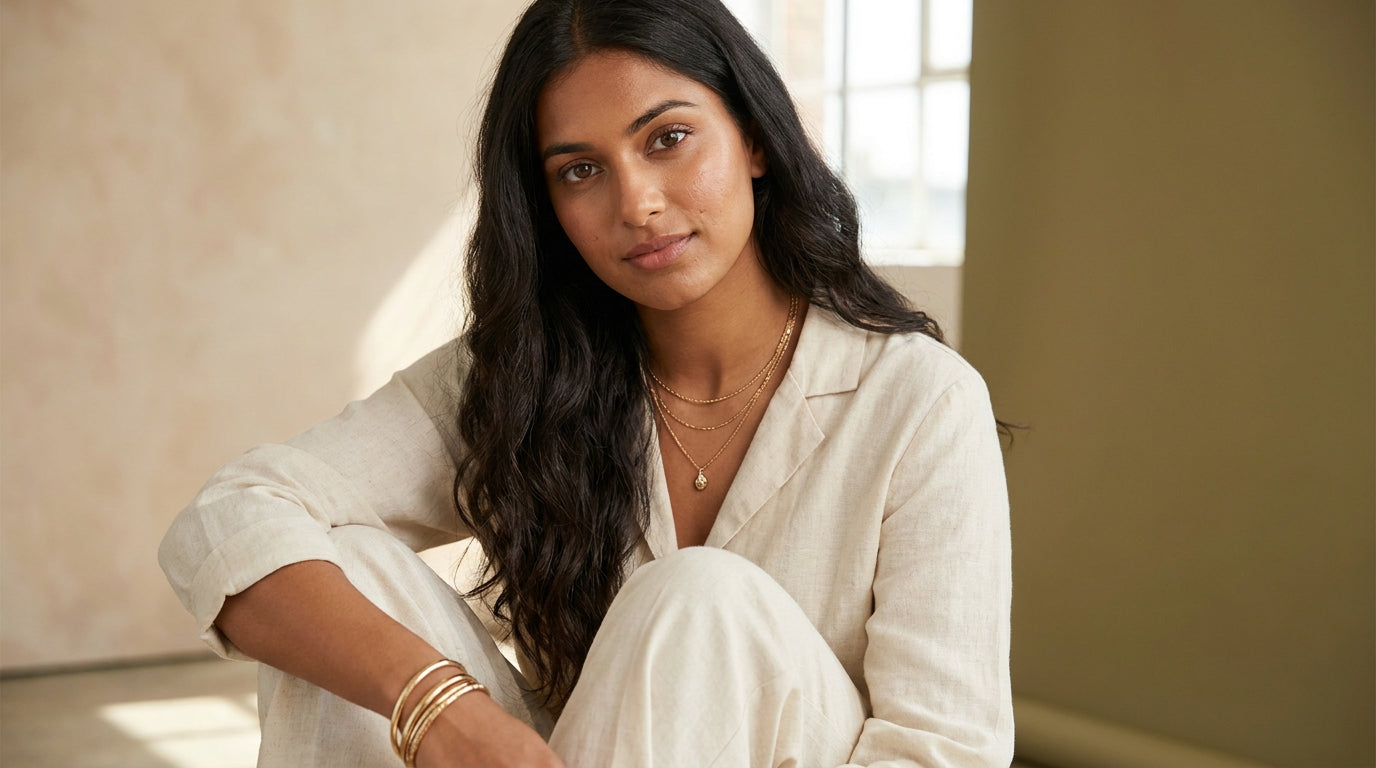 Woman styling daily wear jewellery under ₹1000 with necklace and bracelet