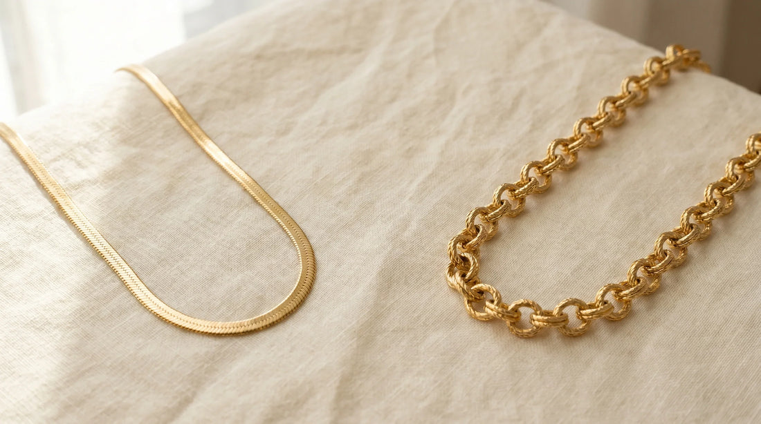 Snake chain vs cable chain — two gold chains on cream linen from Aurum & Isle