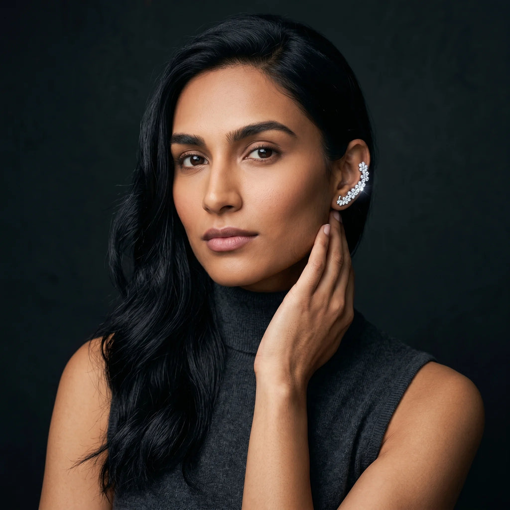 Indu silver rhinestone ear climber worn front-facing with charcoal turtleneck — hand at jaw