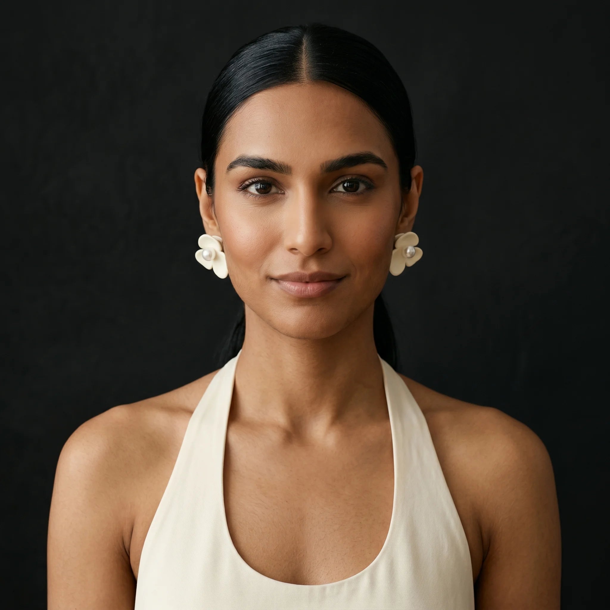 Kalika matte cream flower clip-on earrings worn front-facing with cream halter neckline