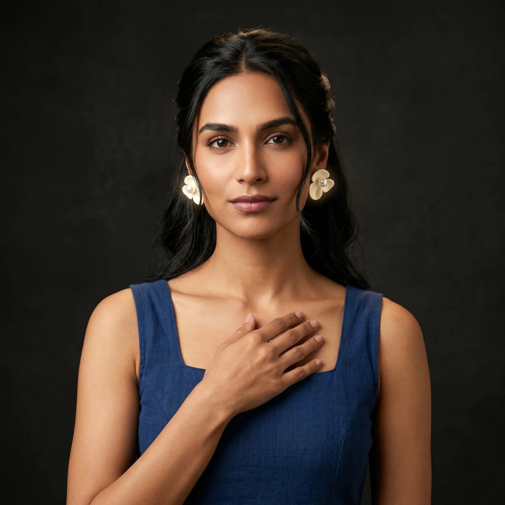 Kalika cream flower clip-on earrings worn with deep blue square-neck linen — hand at collarbone
