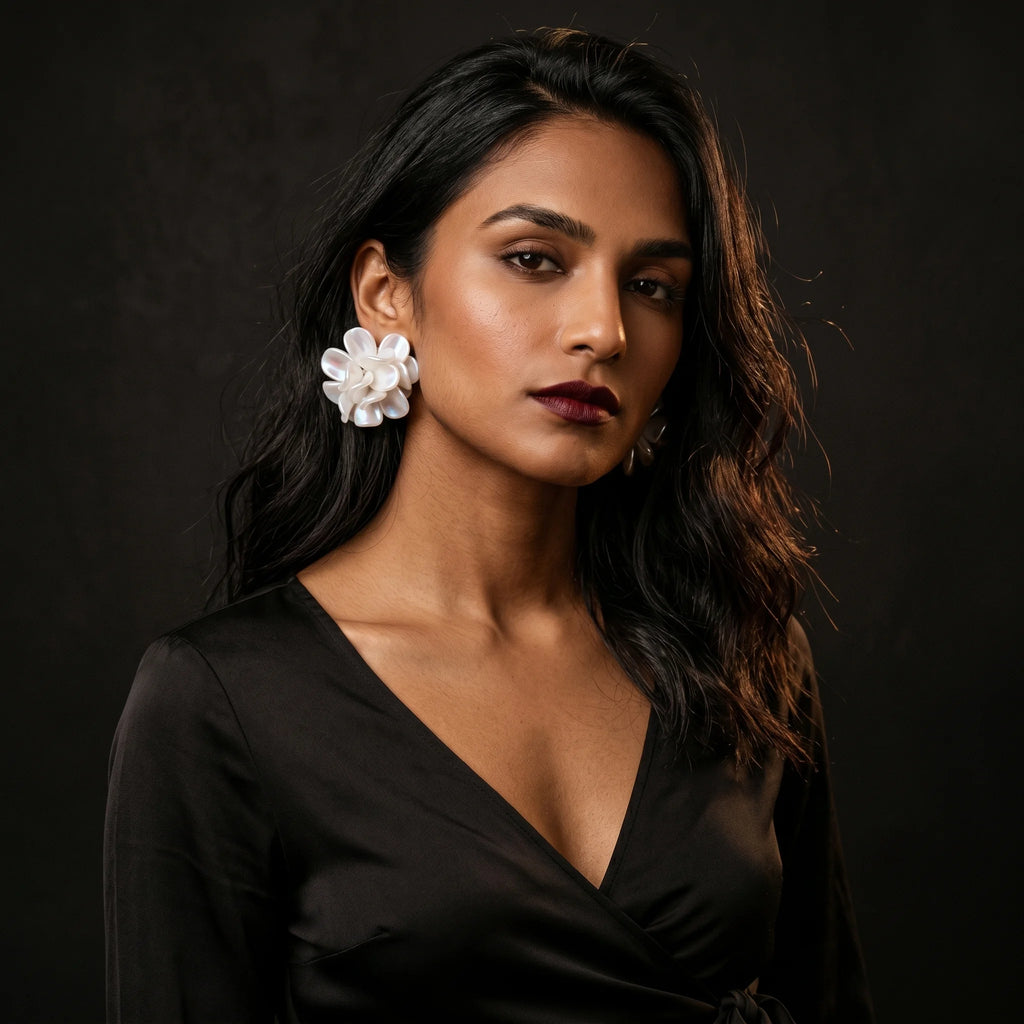 Malati pearlescent white flower cluster stud worn on model in black wrap top — close-up with berry lip