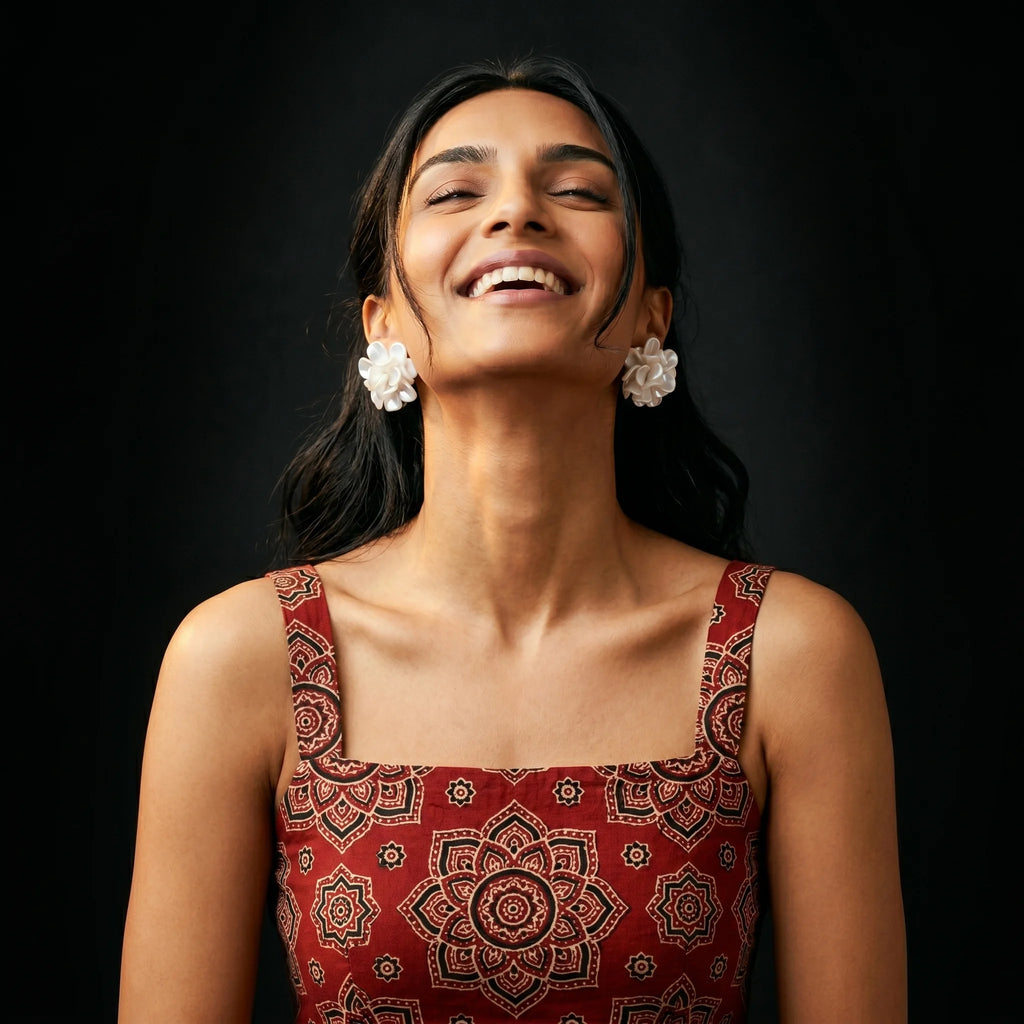 Malati white flower cluster studs worn with red ajrak block-print top — head-back laughing portrait