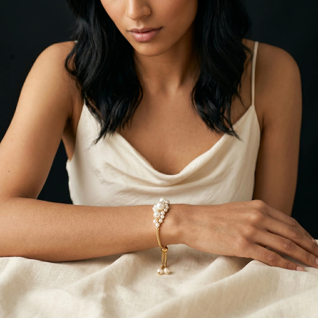 Muktaa imitation pearl cluster bracelet worn on wrist with cream slip dress — close-up