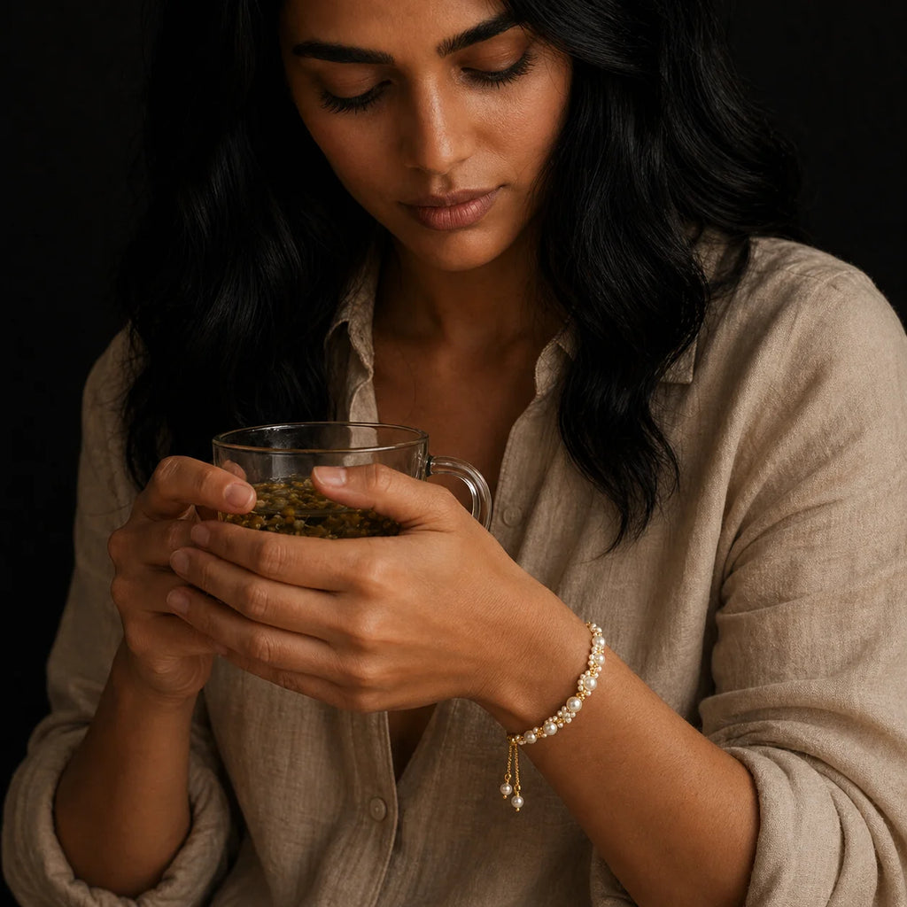 Muktaa pearl cluster bracelet with hand resting at jaw — cream silk slip editorial frame