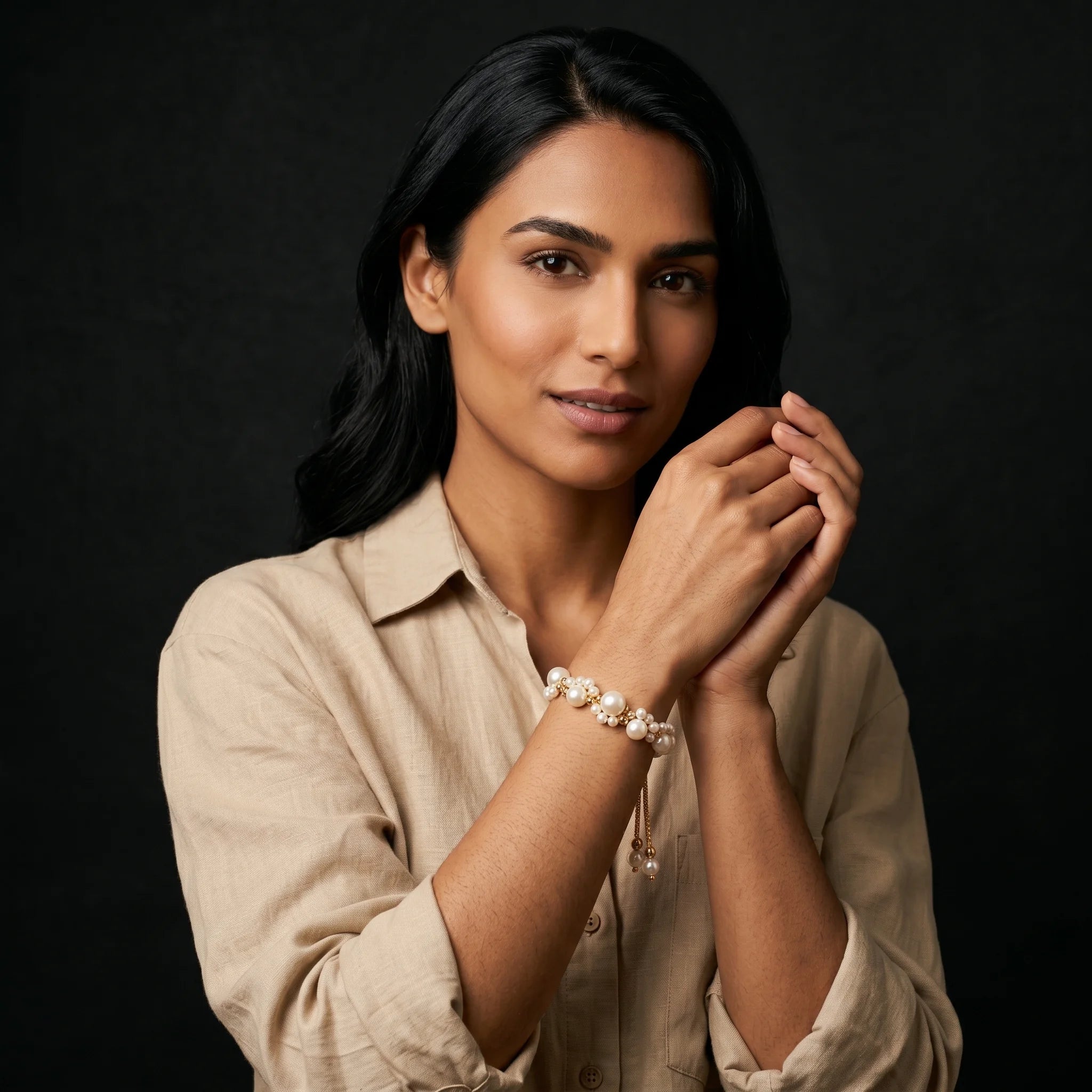 Muktaa pearl cluster bracelet worn with linen shirt — hands clasped near face, soft portrait