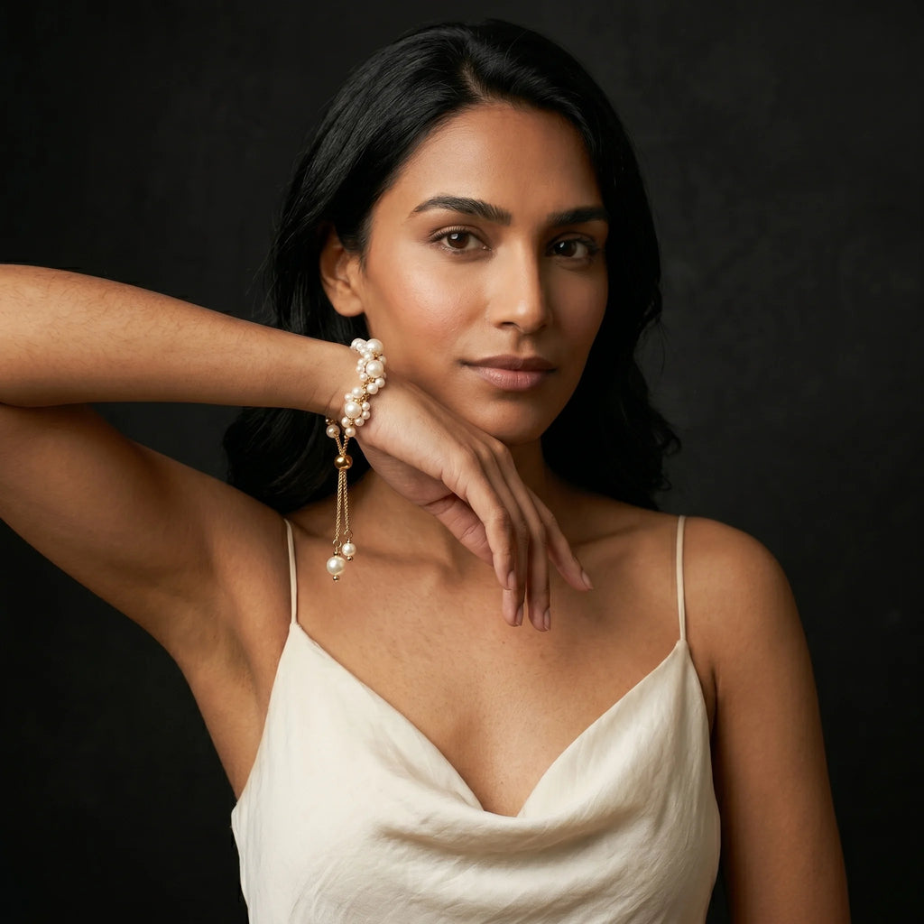 Muktaa pearl bracelet worn while holding a glass tea cup — quiet lifestyle moment