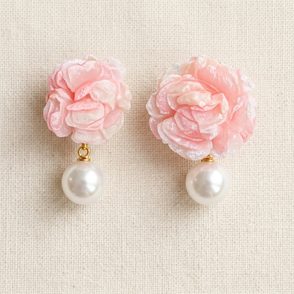 Roza pink pearlescent rose drop earrings with white faux pearl on cream linen — Aurum & Isle