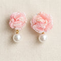 Roza pink pearlescent rose drop earrings with white faux pearl on cream linen — Aurum & Isle